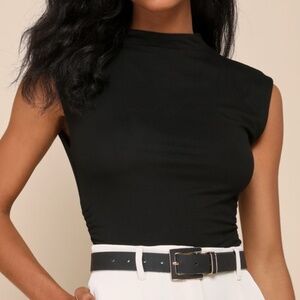 Lulus Effortless Reputation Black Mock Neck Ruched Sleeveless Bodysuit - M/L